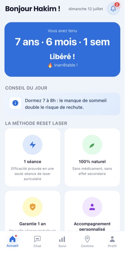 Tableau de bord de l'application mobile Reset Laser conçue par Kodex Production