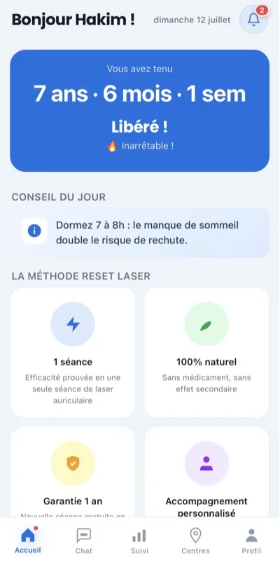 Tableau de bord de l'application mobile Reset Laser conçue par Kodex Production