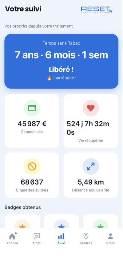 Écran de suivi et statistiques de l'application mobile Reset Laser par Kodex Production