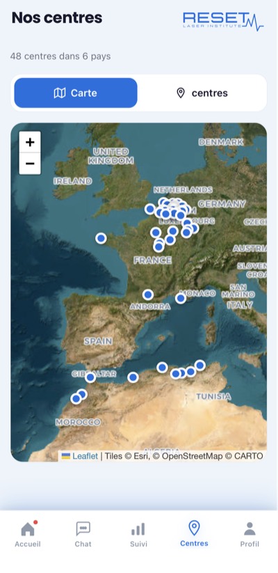 Carte des centres dans l'application Reset Laser réalisée par Kodex Production
