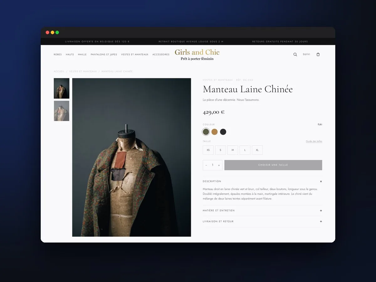 Fiche produit d'une boutique en ligne : galerie de photos, variantes de taille et de couleur, prix et détail matière.