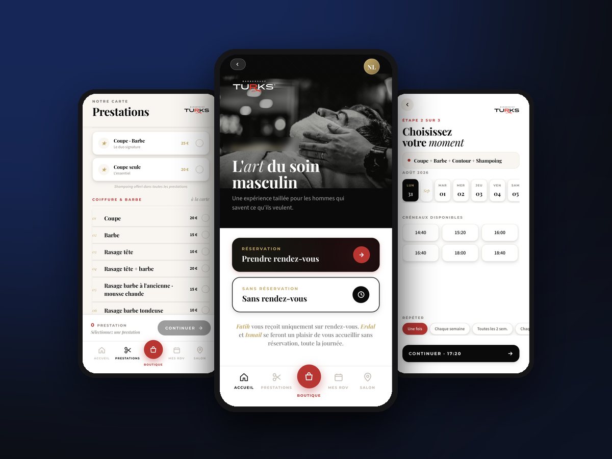 Three screens from a salon app: service menu, home page and time slot selection.