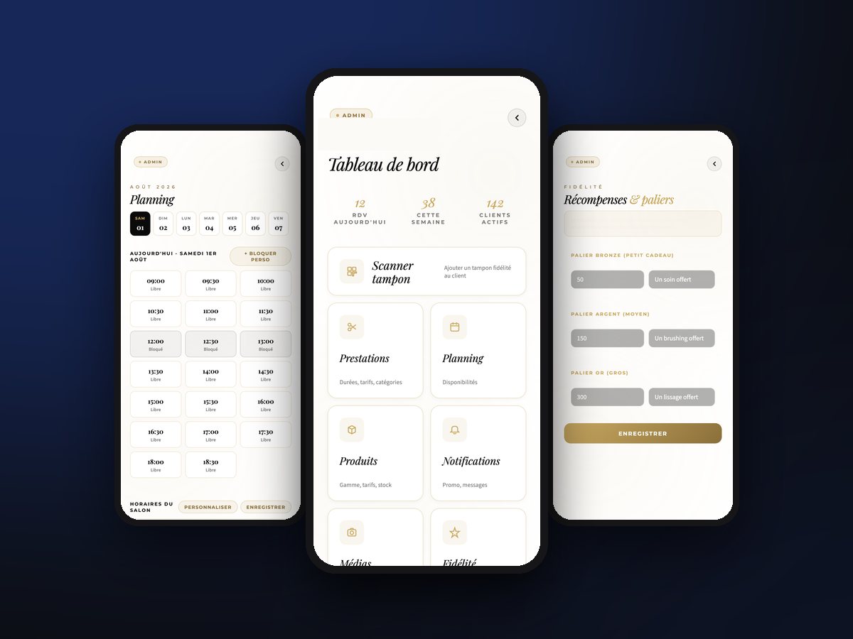 Three screens from an admin dashboard: schedule of time slots, dashboard and loyalty tiers.